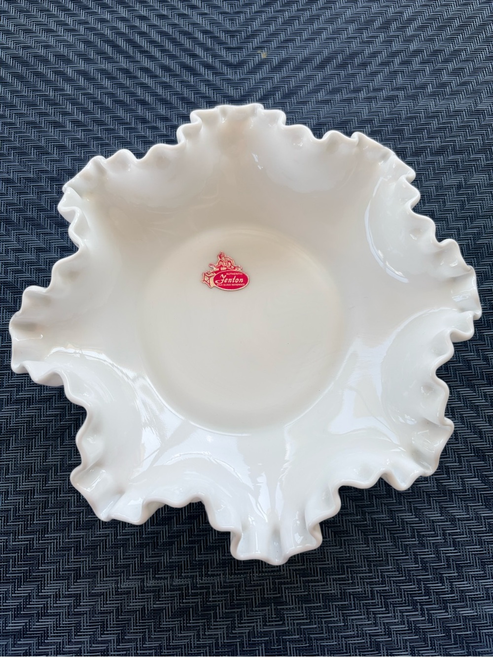 Fenton White Ruffled Milk Glass Bowl/Trinket/Candy Dish 7.75” wide